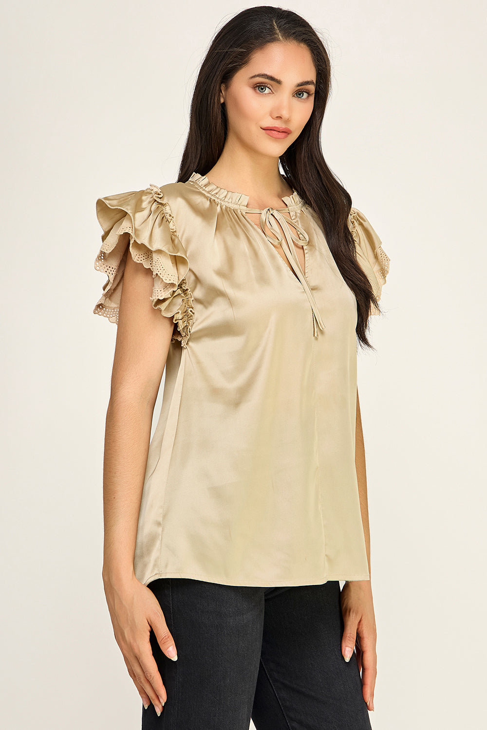 Satin Ruffle Sleeve Blouse | Lace Trim Tie Neck Women's Boutique Top