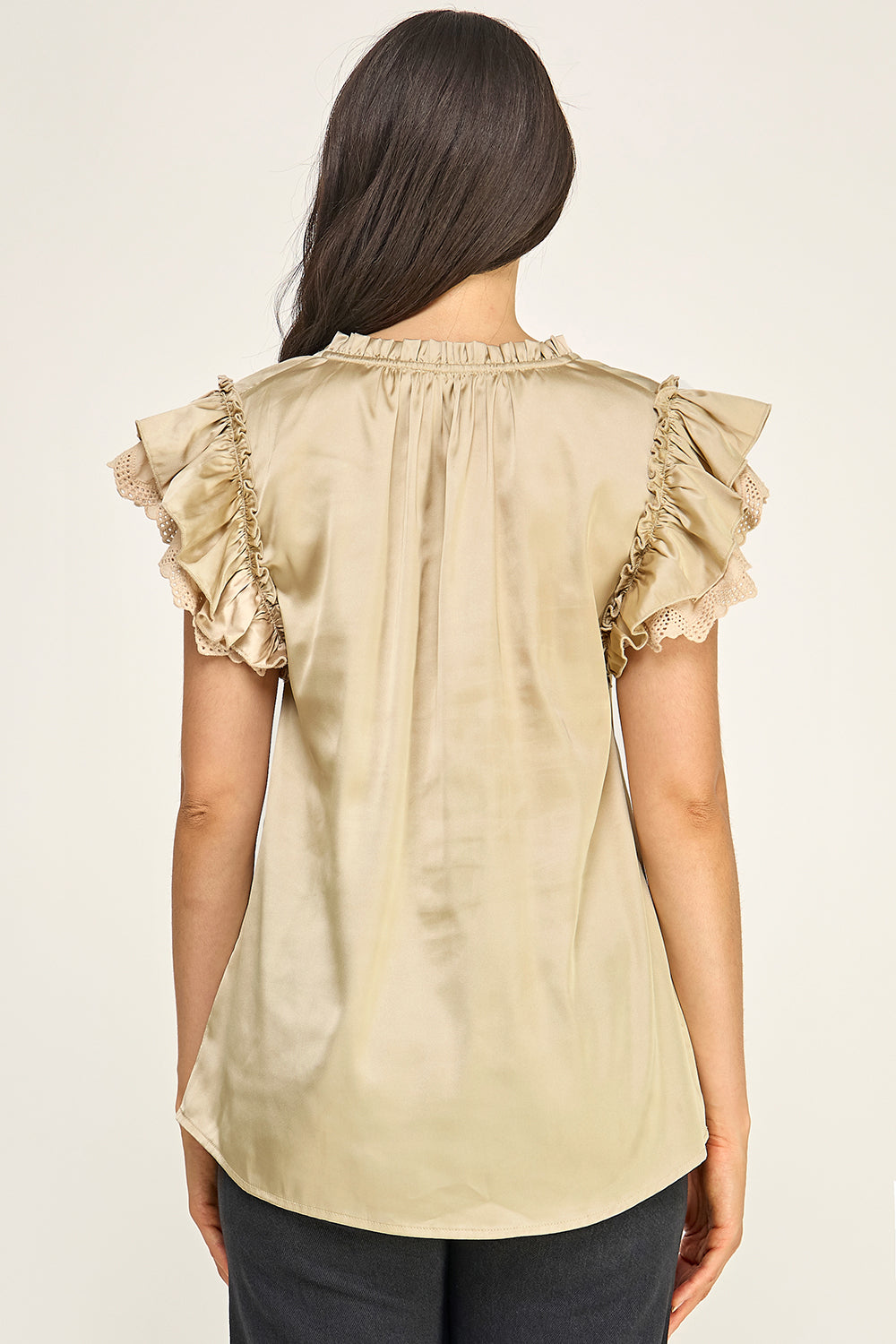Satin Ruffle Sleeve Blouse | Lace Trim Tie Neck Women's Boutique Top