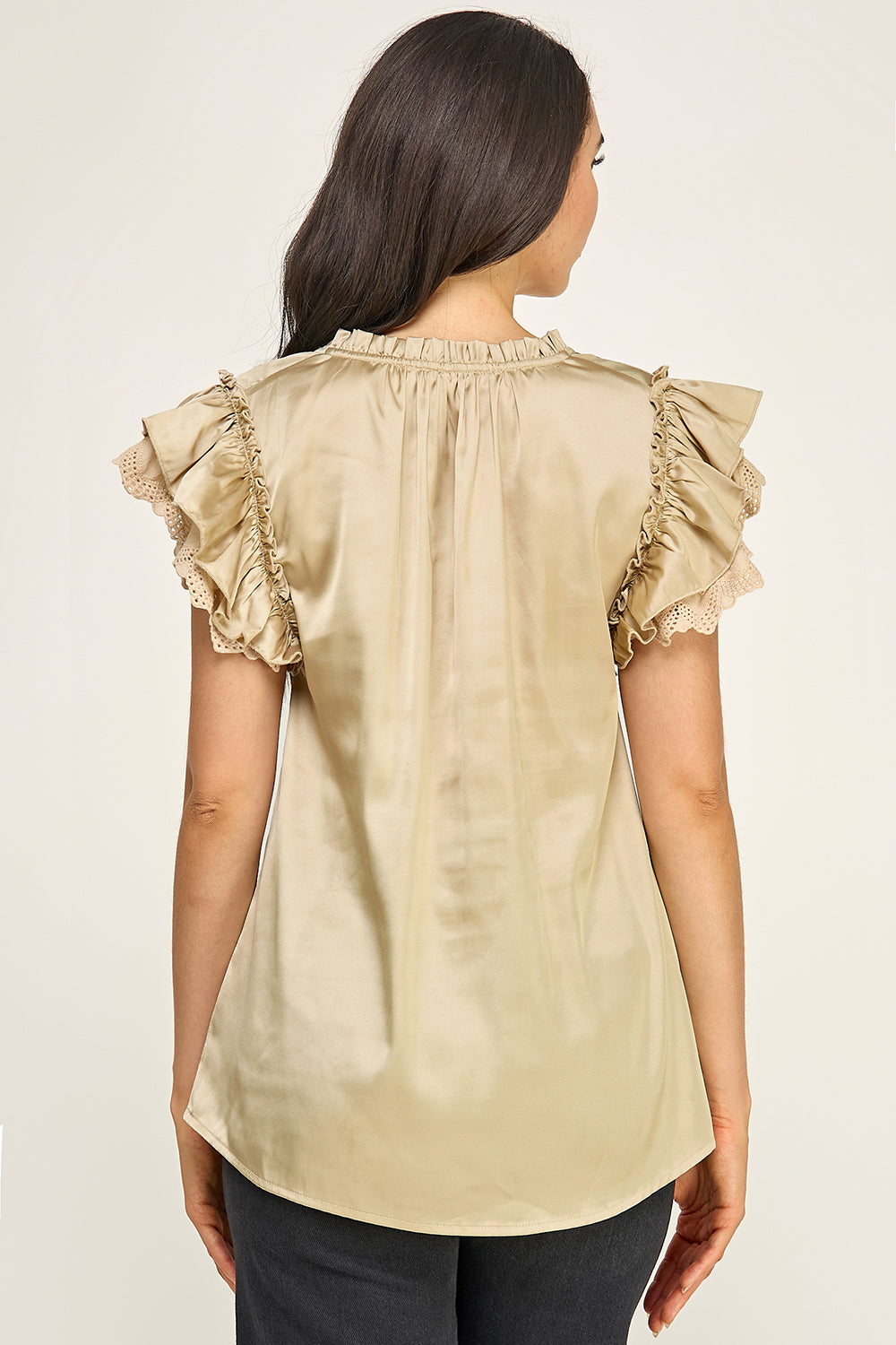Satin Ruffle Sleeve Blouse | Lace Trim Tie Neck Women's Boutique Top