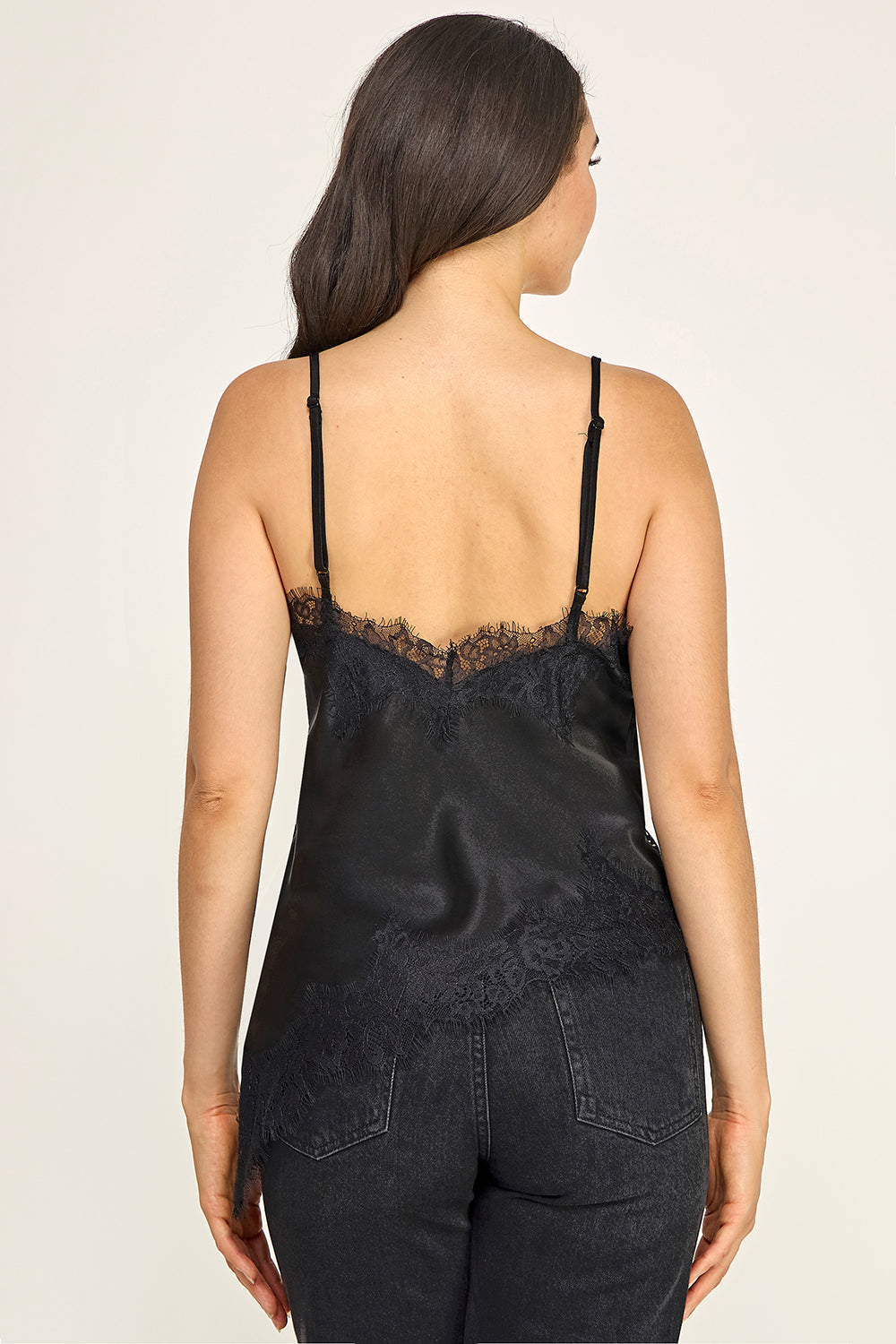 Satin Lace Trim Cami Top | Asymmetrical Hem Adjustable Strap Women