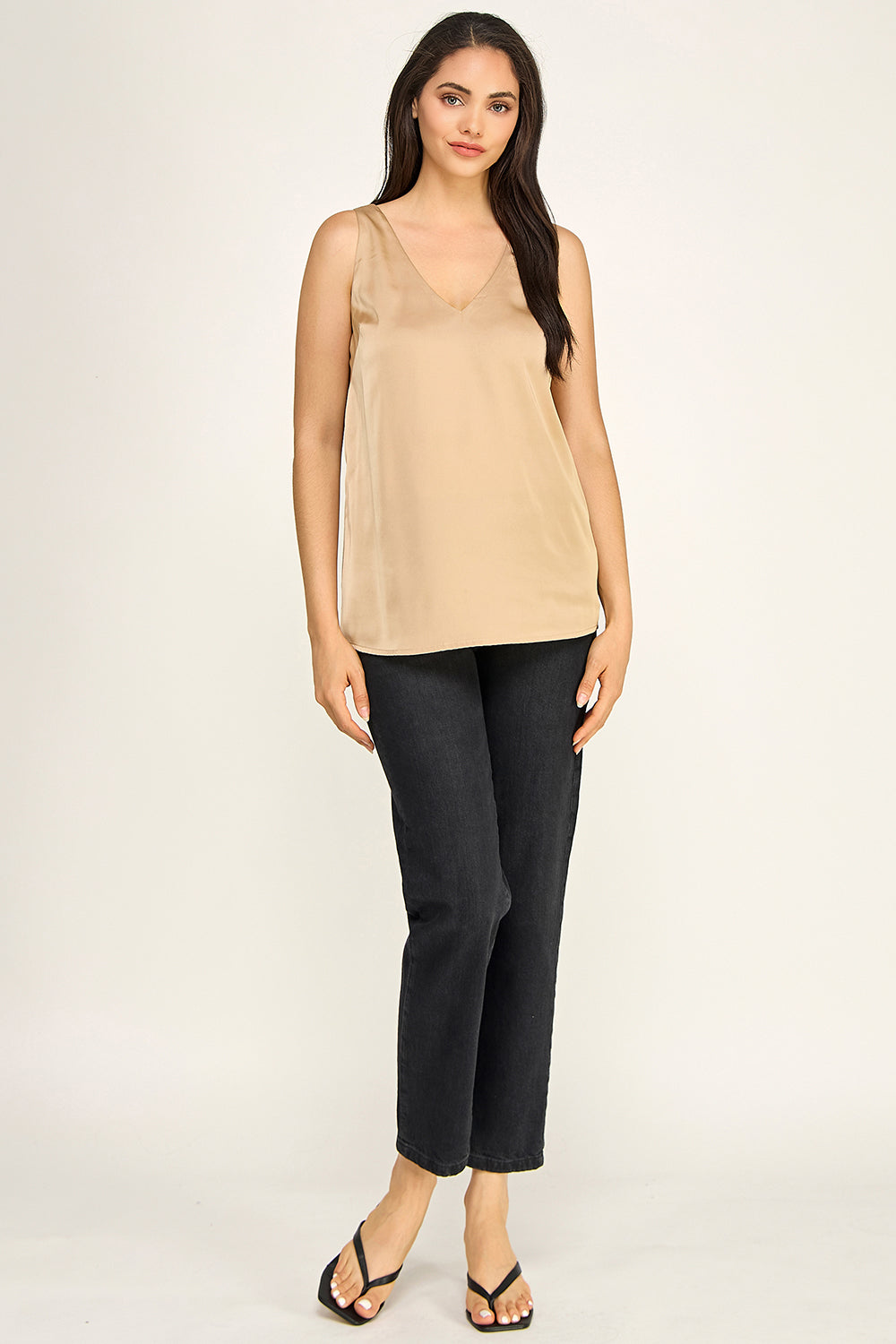 Satin V Neck Sleeveless Top – Lightweight Drape Tank for Women