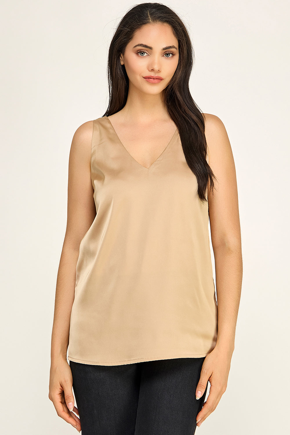 Satin V Neck Sleeveless Top – Lightweight Drape Tank for Women