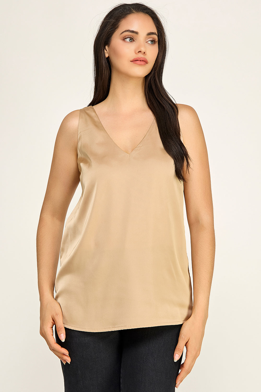 Satin V Neck Sleeveless Top – Lightweight Drape Tank for Women