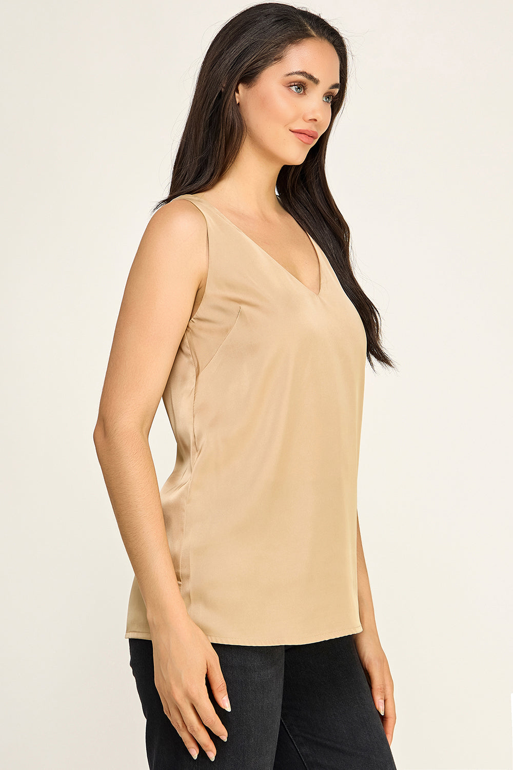 Satin V Neck Sleeveless Top – Lightweight Drape Tank for Women