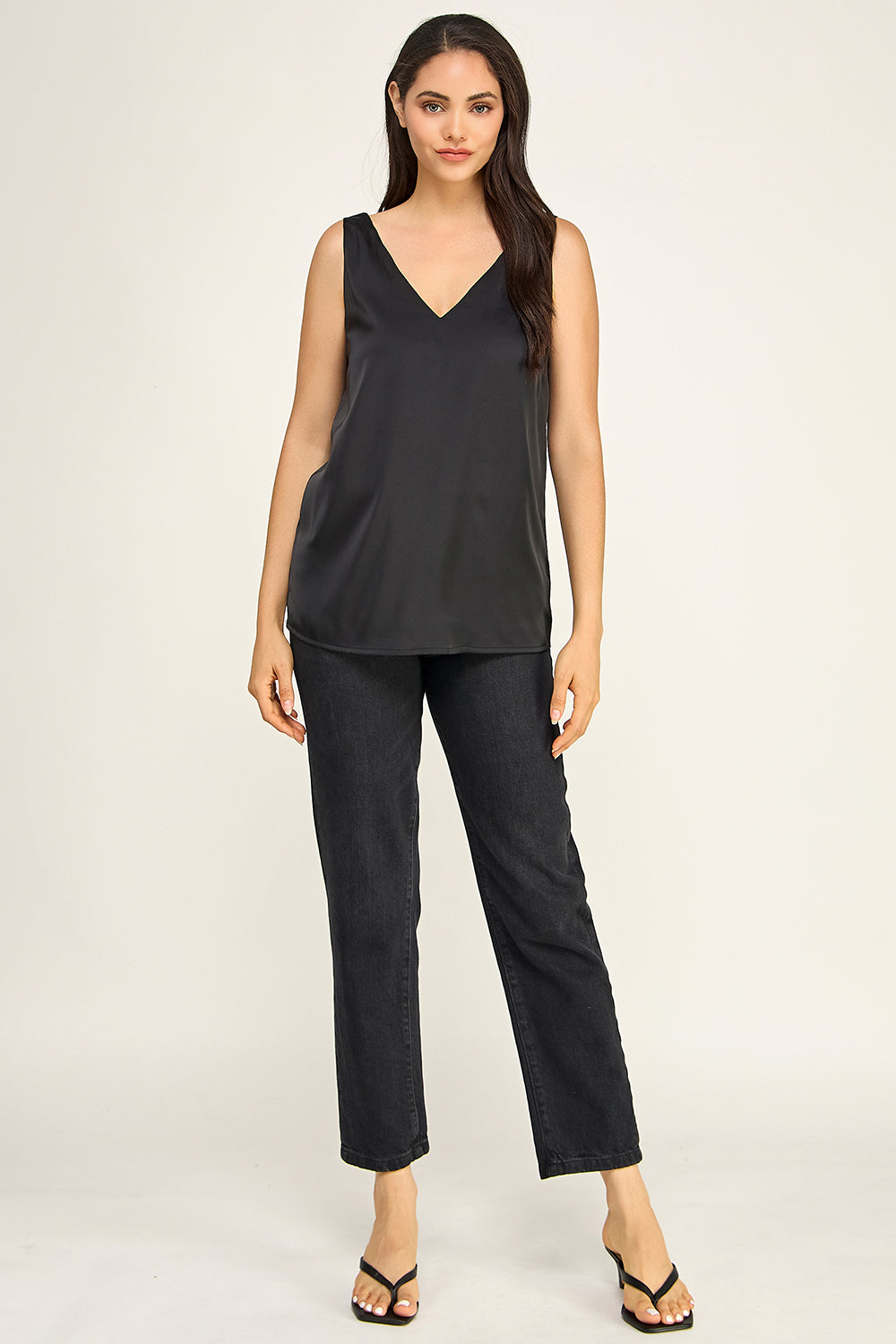 Satin V Neck Sleeveless Top – Lightweight Drape Tank for Women