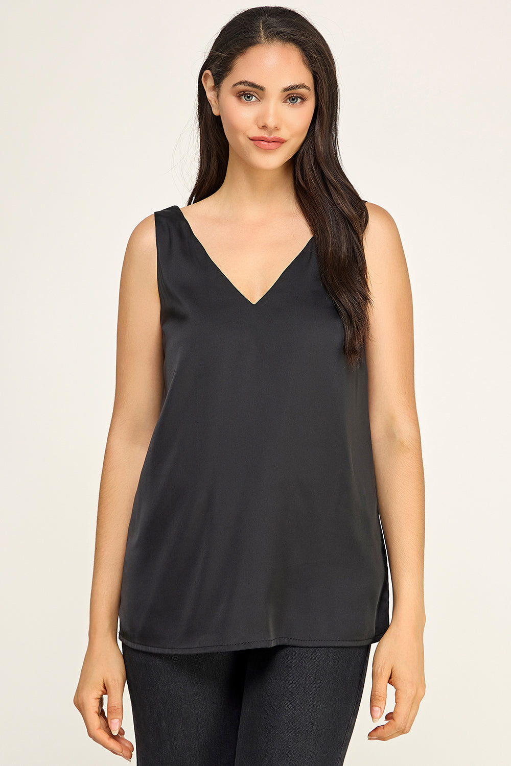 Satin V Neck Sleeveless Top – Lightweight Drape Tank for Women