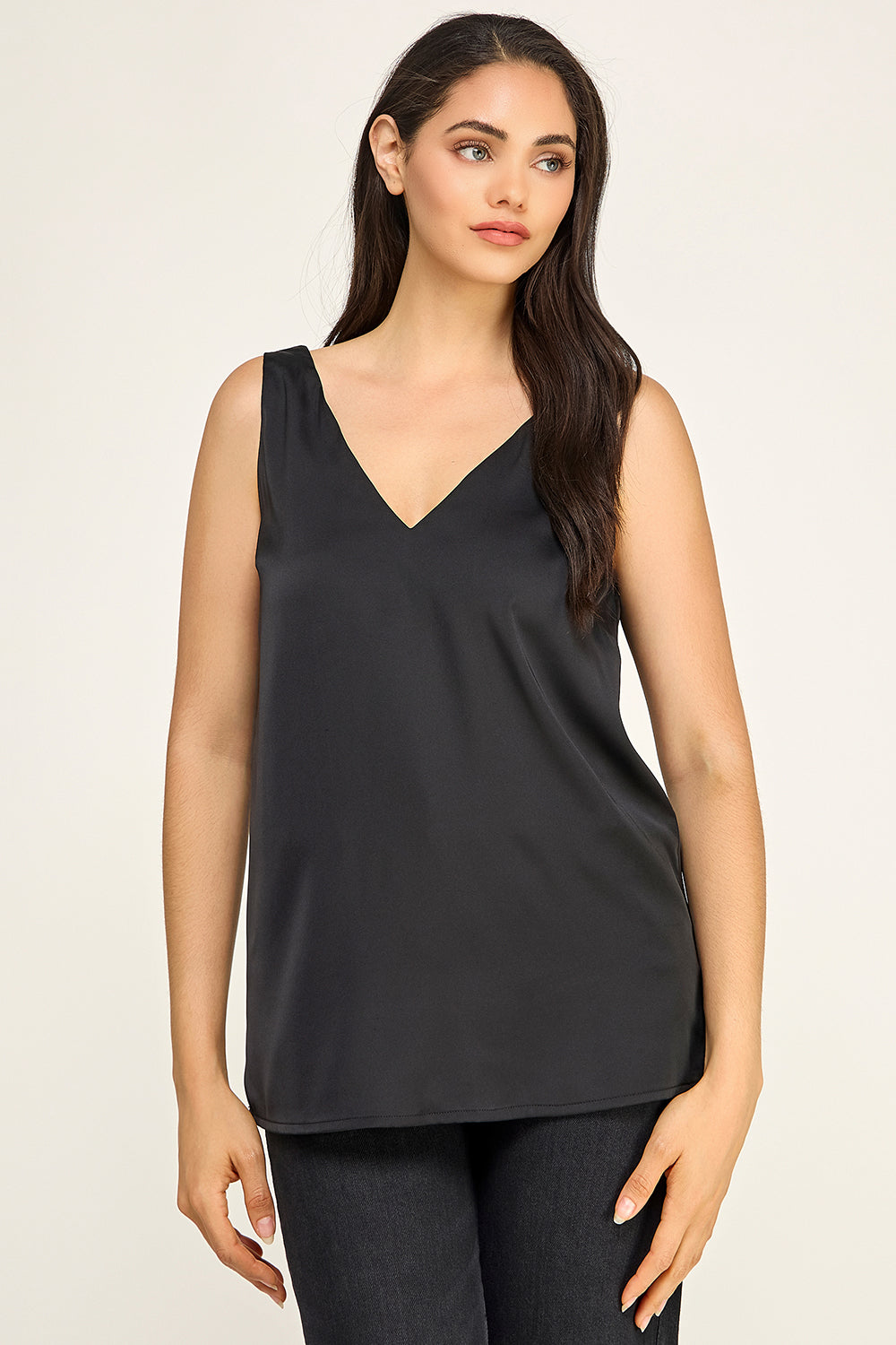 Satin V Neck Sleeveless Top – Lightweight Drape Tank for Women