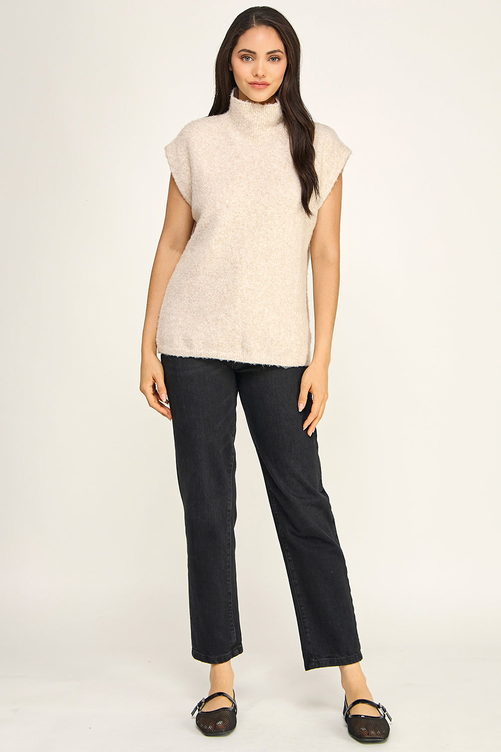 Oatmeal Fuzzy Knit Sleeveless Top | Mock Neck Oversized Boutique Sweater
