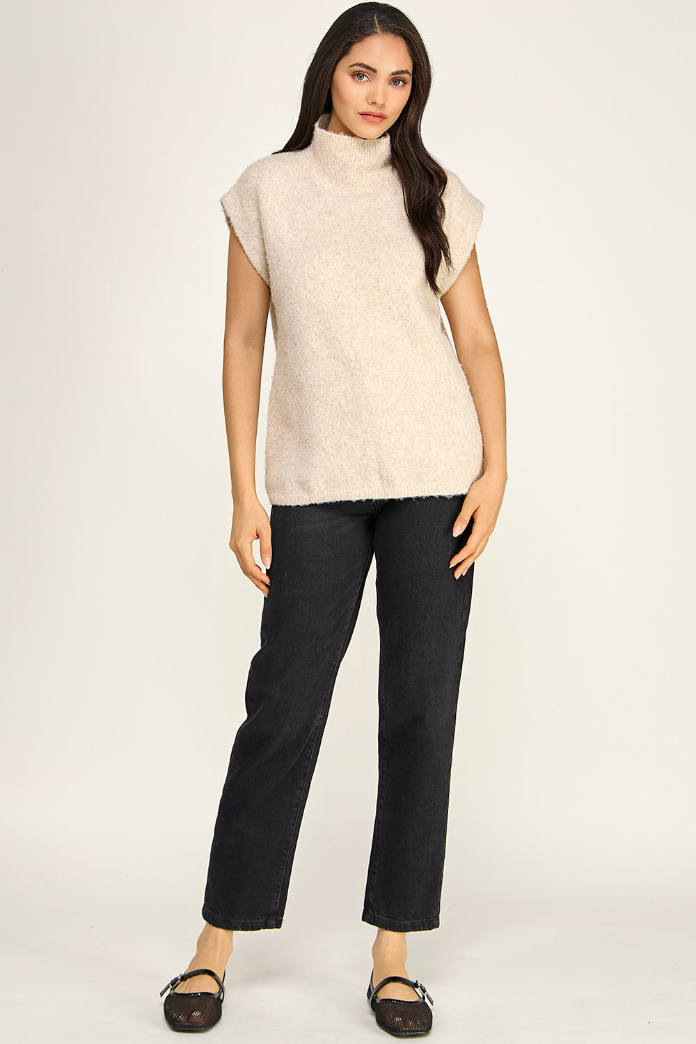 Oatmeal Fuzzy Knit Sleeveless Top | Mock Neck Oversized Boutique Sweater