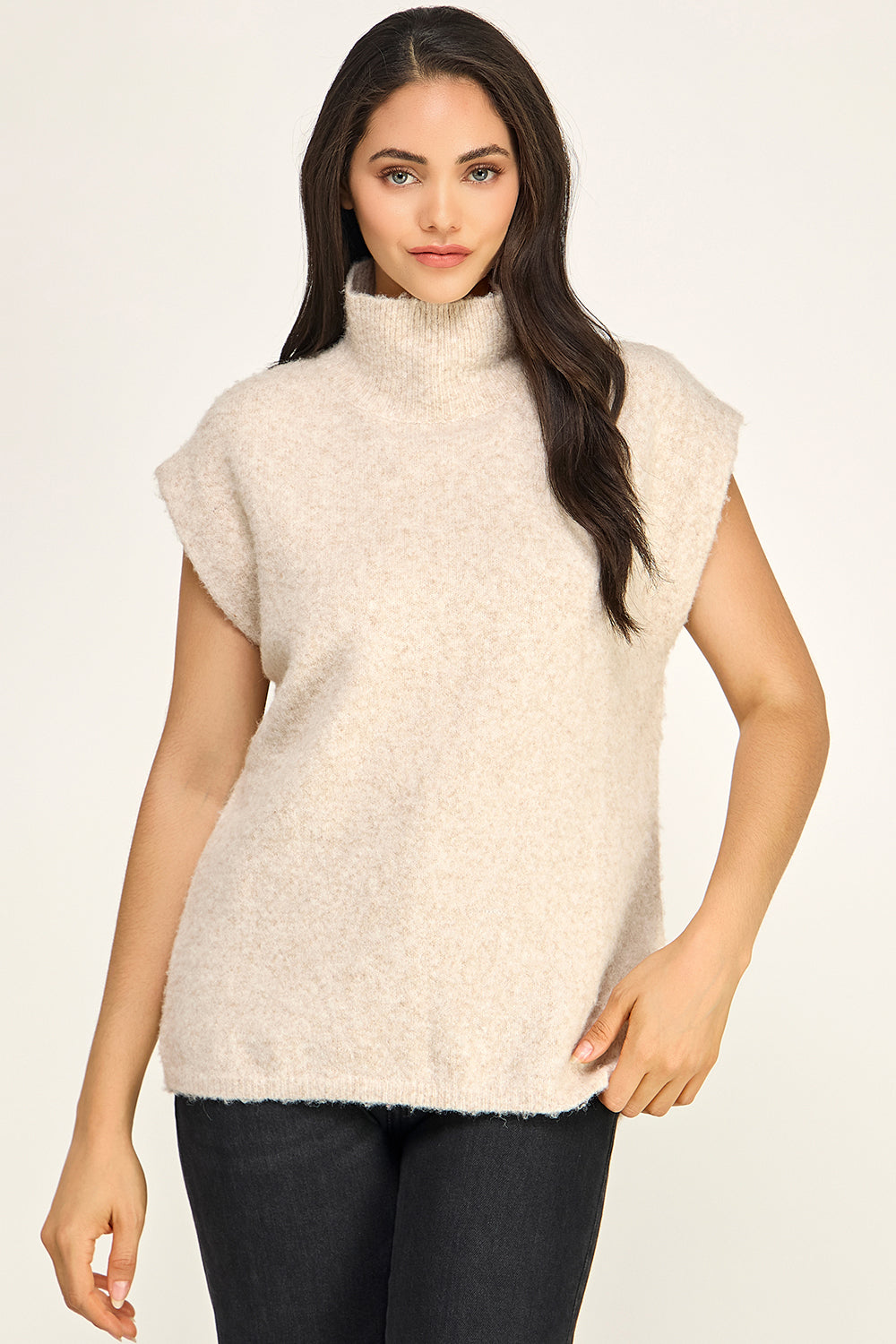 Oatmeal Fuzzy Knit Sleeveless Top | Mock Neck Oversized Boutique Sweater