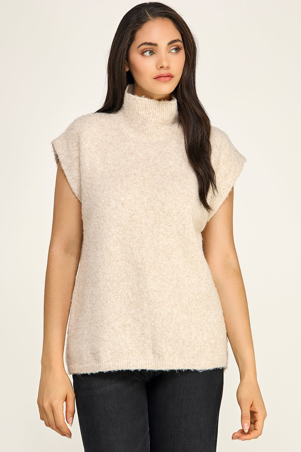 Oatmeal Fuzzy Knit Sleeveless Top | Mock Neck Oversized Boutique Sweater
