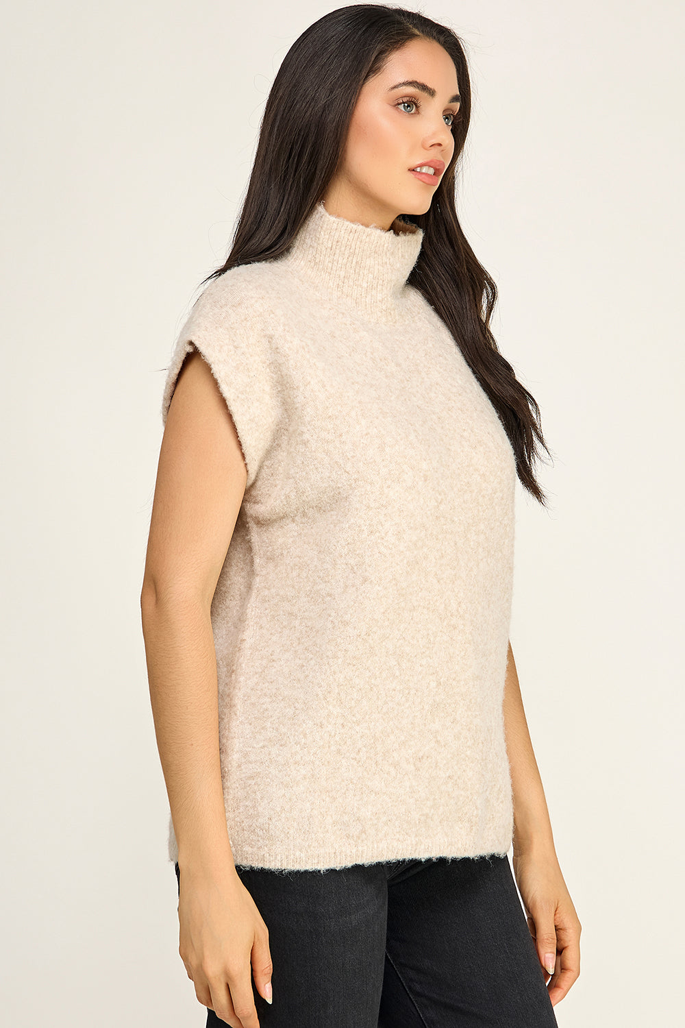 Oatmeal Fuzzy Knit Sleeveless Top | Mock Neck Oversized Boutique Sweater