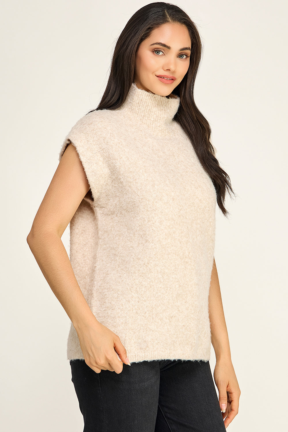 Oatmeal Fuzzy Knit Sleeveless Top | Mock Neck Oversized Boutique Sweater