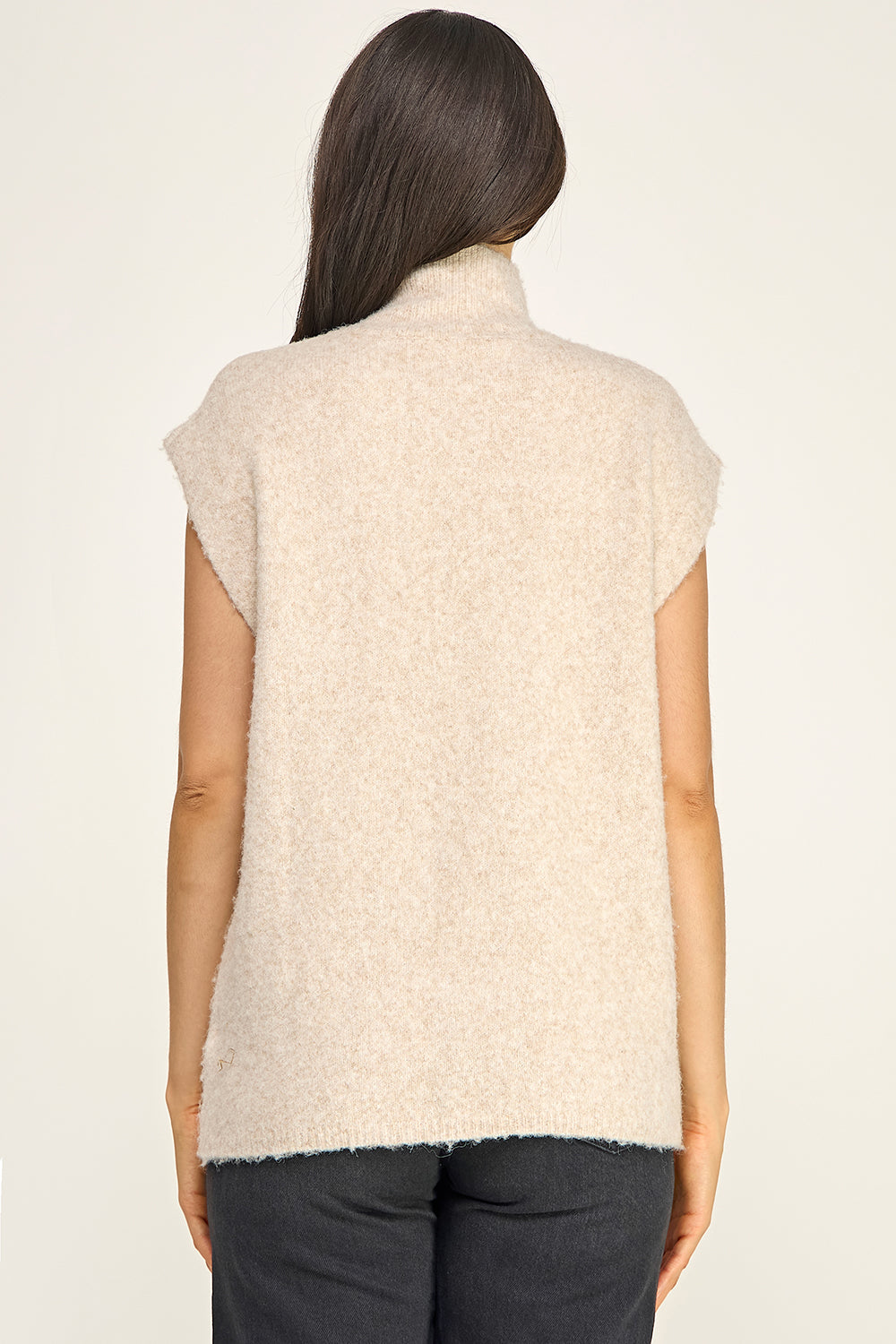 Oatmeal Fuzzy Knit Sleeveless Top | Mock Neck Oversized Boutique Sweater