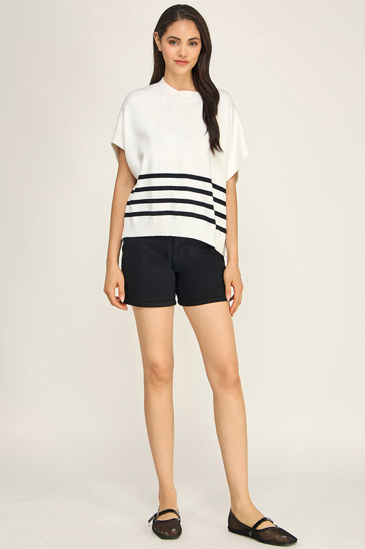 Ivory Black Stripe Turtleneck Knit Top | Cap Sleeve Boutique Sweater