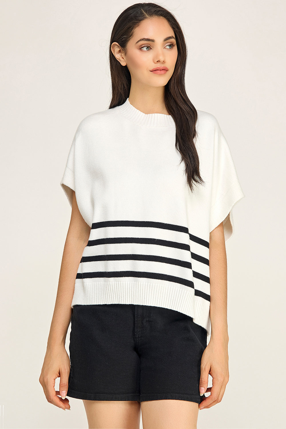 Ivory Black Stripe Turtleneck Knit Top | Cap Sleeve Boutique Sweater