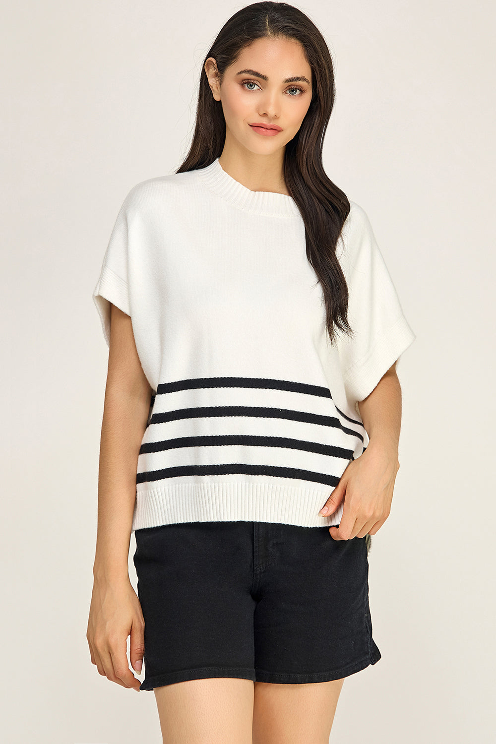 Ivory Black Stripe Turtleneck Knit Top | Cap Sleeve Boutique Sweater