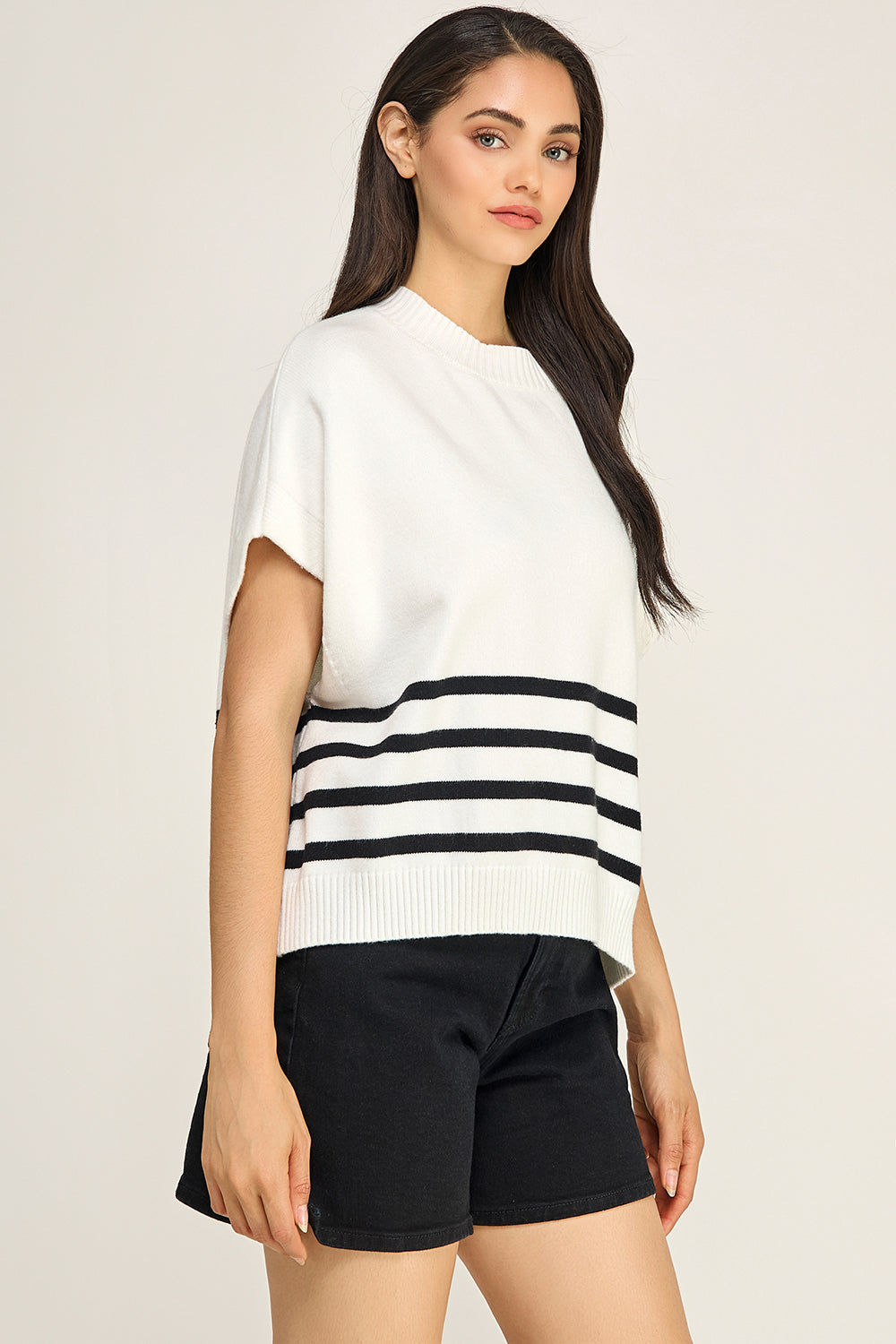 Ivory Black Stripe Turtleneck Knit Top | Cap Sleeve Boutique Sweater