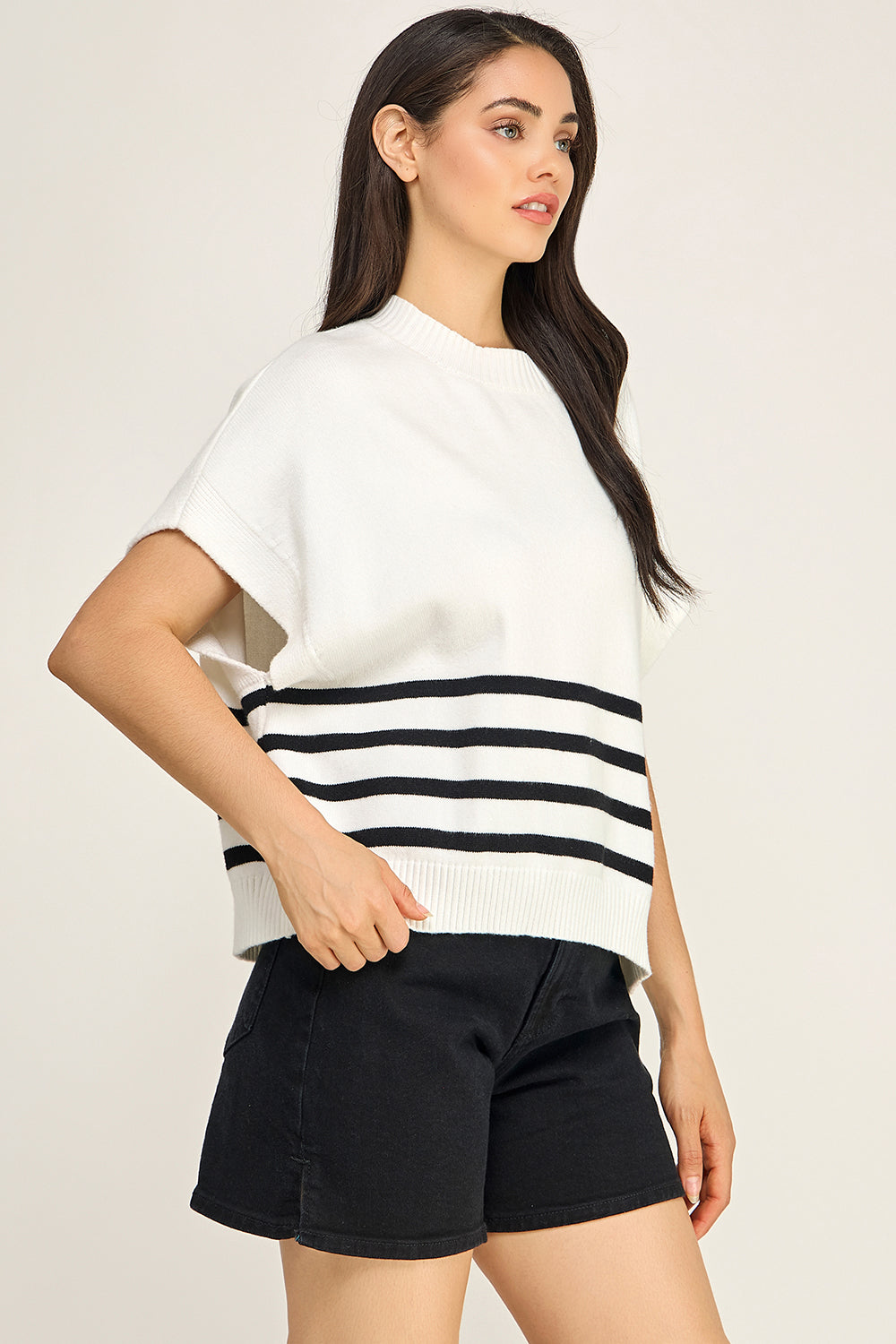 Ivory Black Stripe Turtleneck Knit Top | Cap Sleeve Boutique Sweater