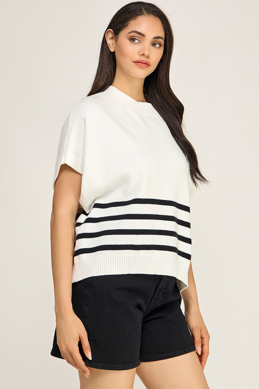 Ivory Black Stripe Turtleneck Knit Top | Cap Sleeve Boutique Sweater