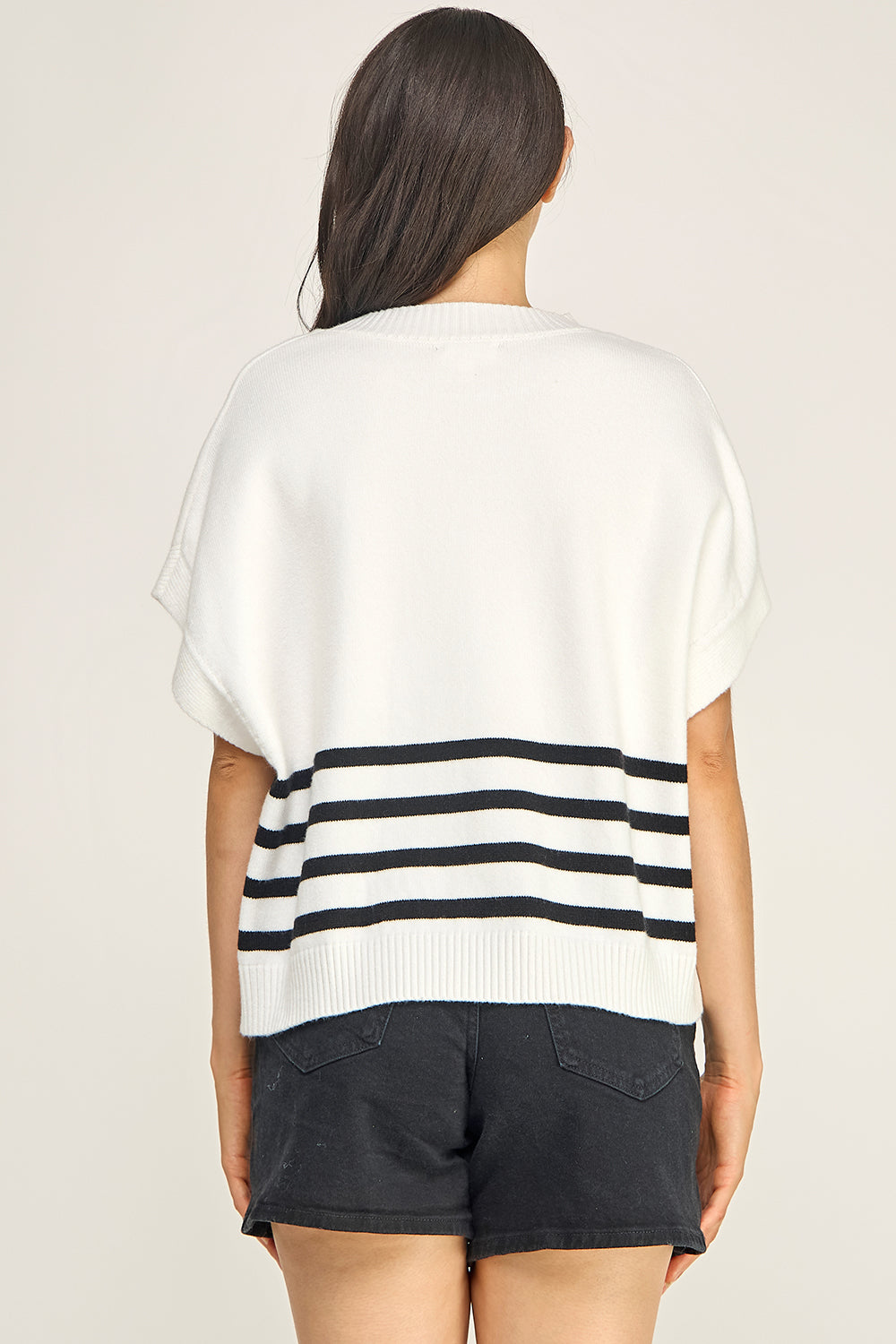 Ivory Black Stripe Turtleneck Knit Top | Cap Sleeve Boutique Sweater