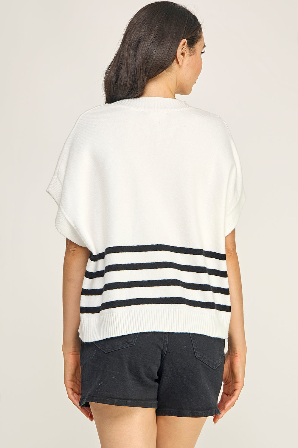 Ivory Black Stripe Turtleneck Knit Top | Cap Sleeve Boutique Sweater