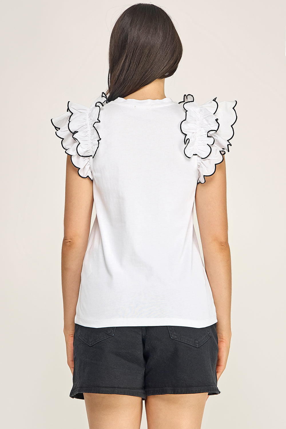 Cotton Ruffle Sleeve Blouse | Merrow Stitch Trim Round Neck