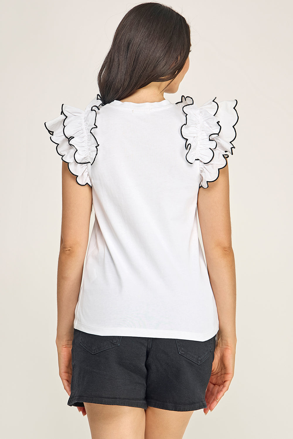 Cotton Ruffle Sleeve Blouse | Merrow Stitch Trim Round Neck