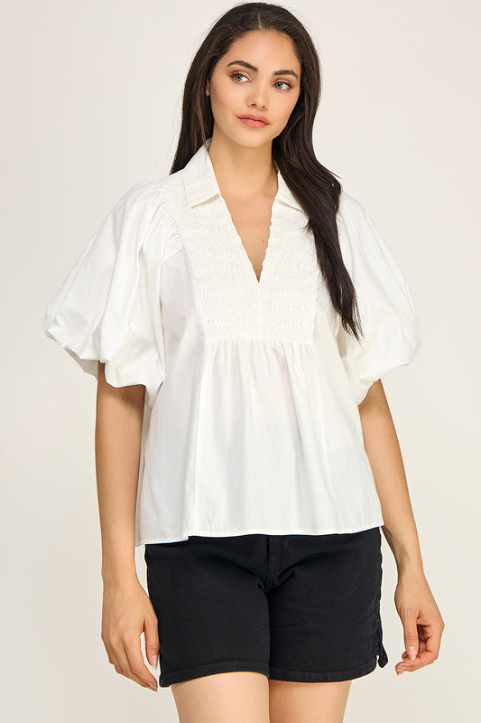 Smocked V Neck Flutter Sleeve Peplum Blouse