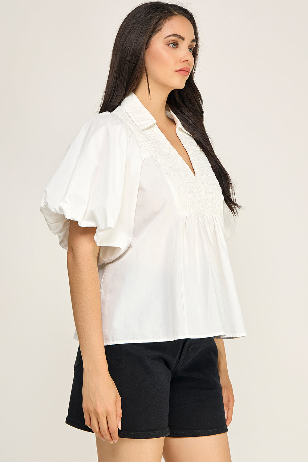 Smocked V Neck Flutter Sleeve Peplum Blouse