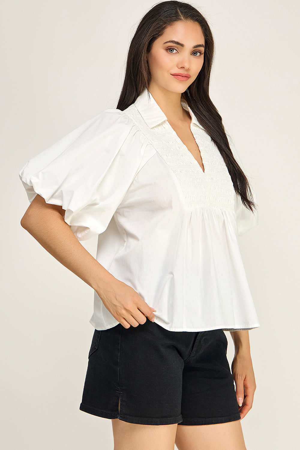 Smocked V Neck Flutter Sleeve Peplum Blouse