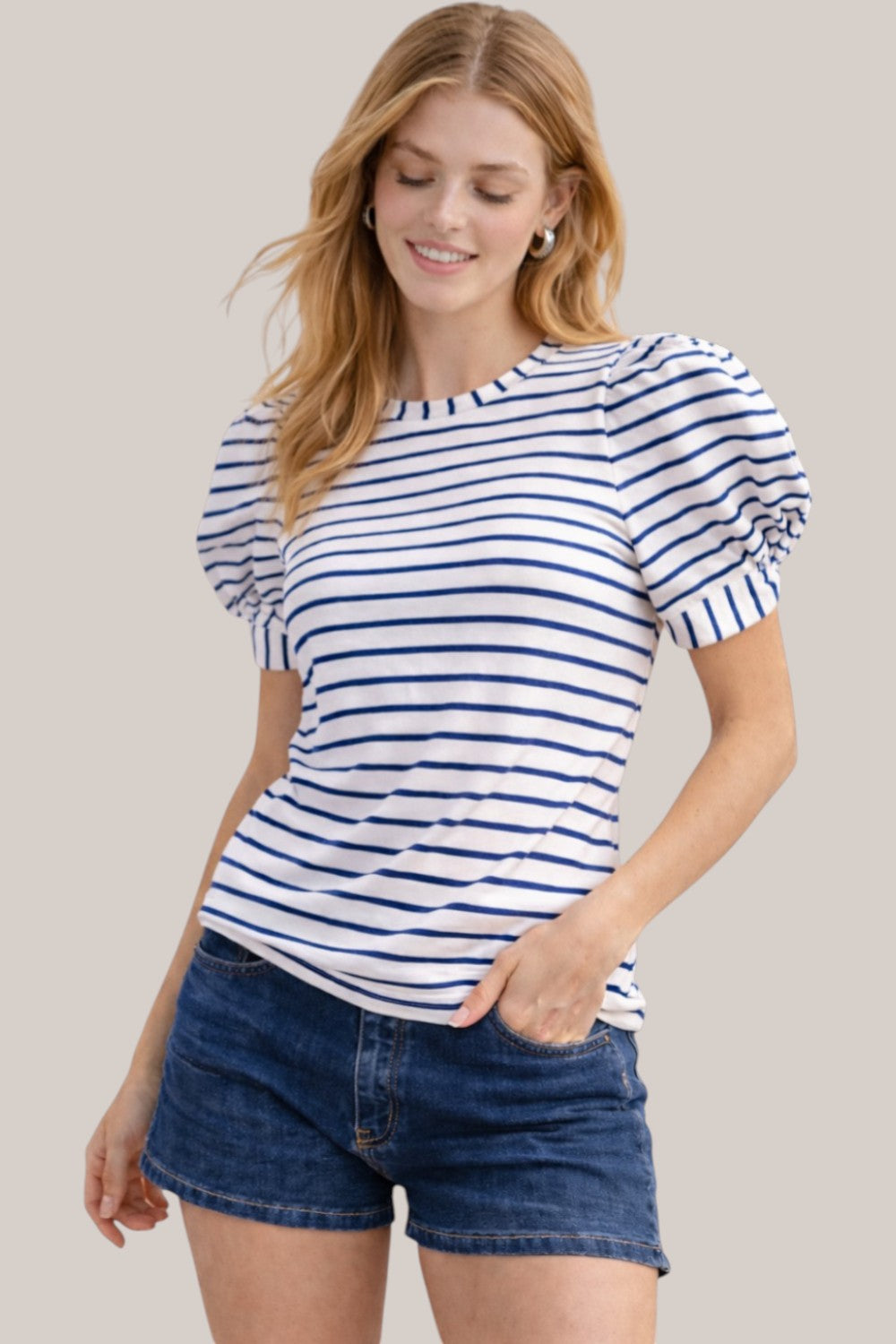 Navy Stripe Puff Sleeve Cotton Knit Blouse