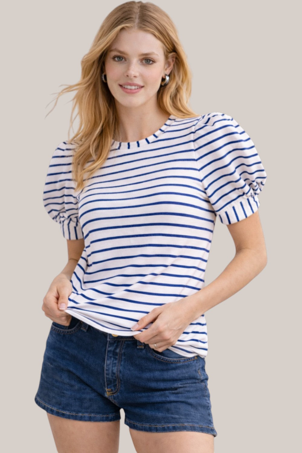 Navy Stripe Puff Sleeve Cotton Knit Blouse