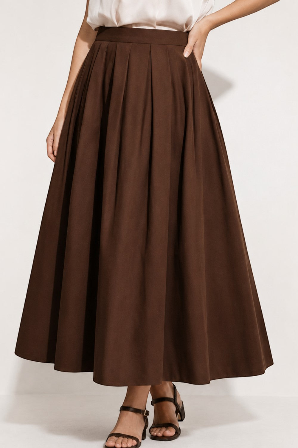 Women's Pleated Cotton Poplin Back Zipper Maxi Skirt
