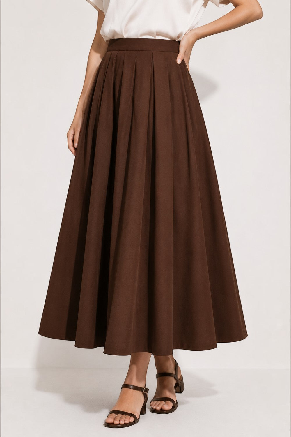Women's Pleated Cotton Poplin Back Zipper Maxi Skirt