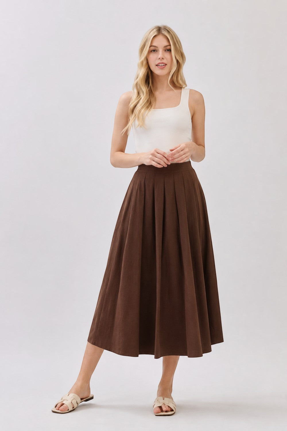 Women's Pleated Cotton Poplin Back Zipper Maxi Skirt