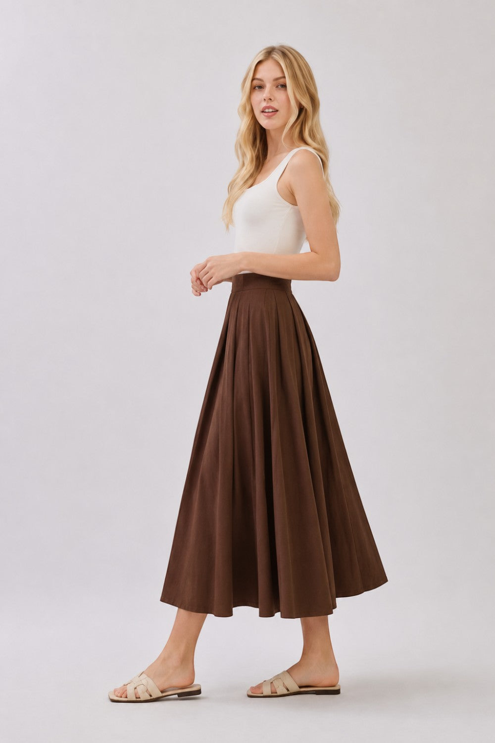 Women's Pleated Cotton Poplin Back Zipper Maxi Skirt