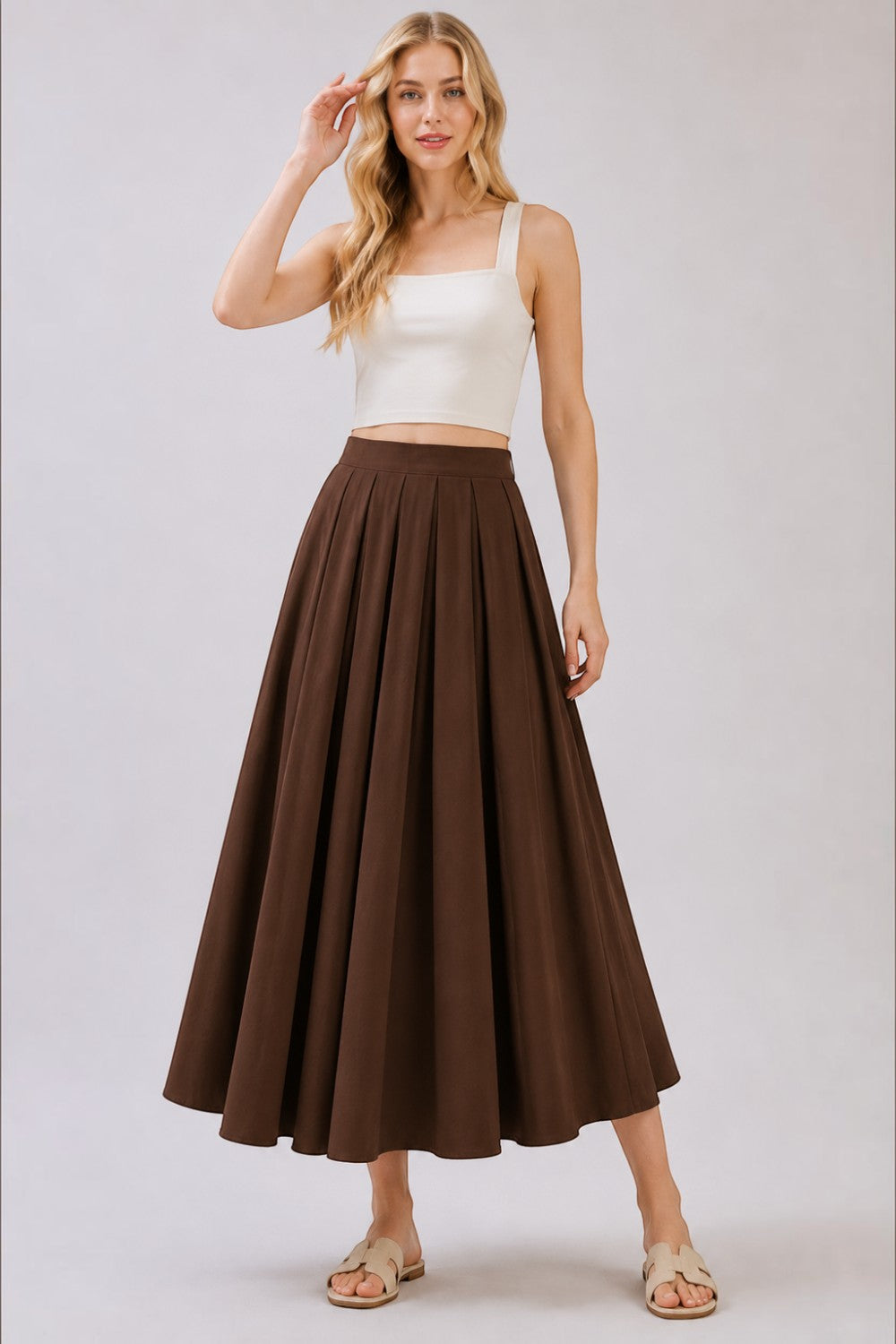 Women's Pleated Cotton Poplin Back Zipper Maxi Skirt