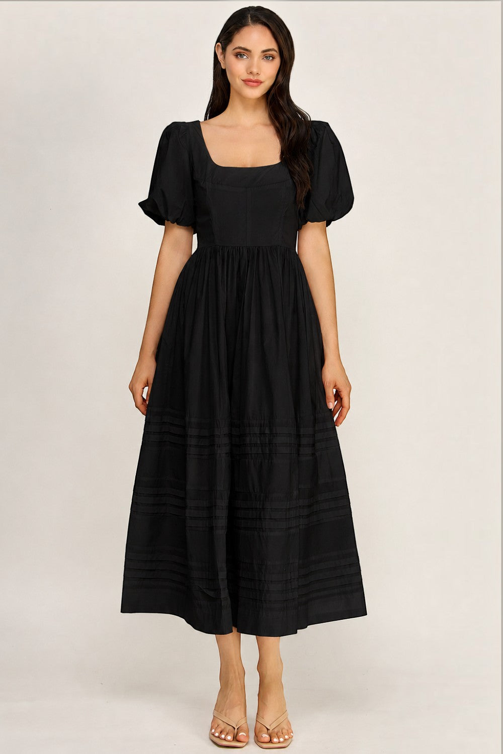 Cotton Poplin Puff Sleeve Midi Dress | Square Neck Pintuck Boutique