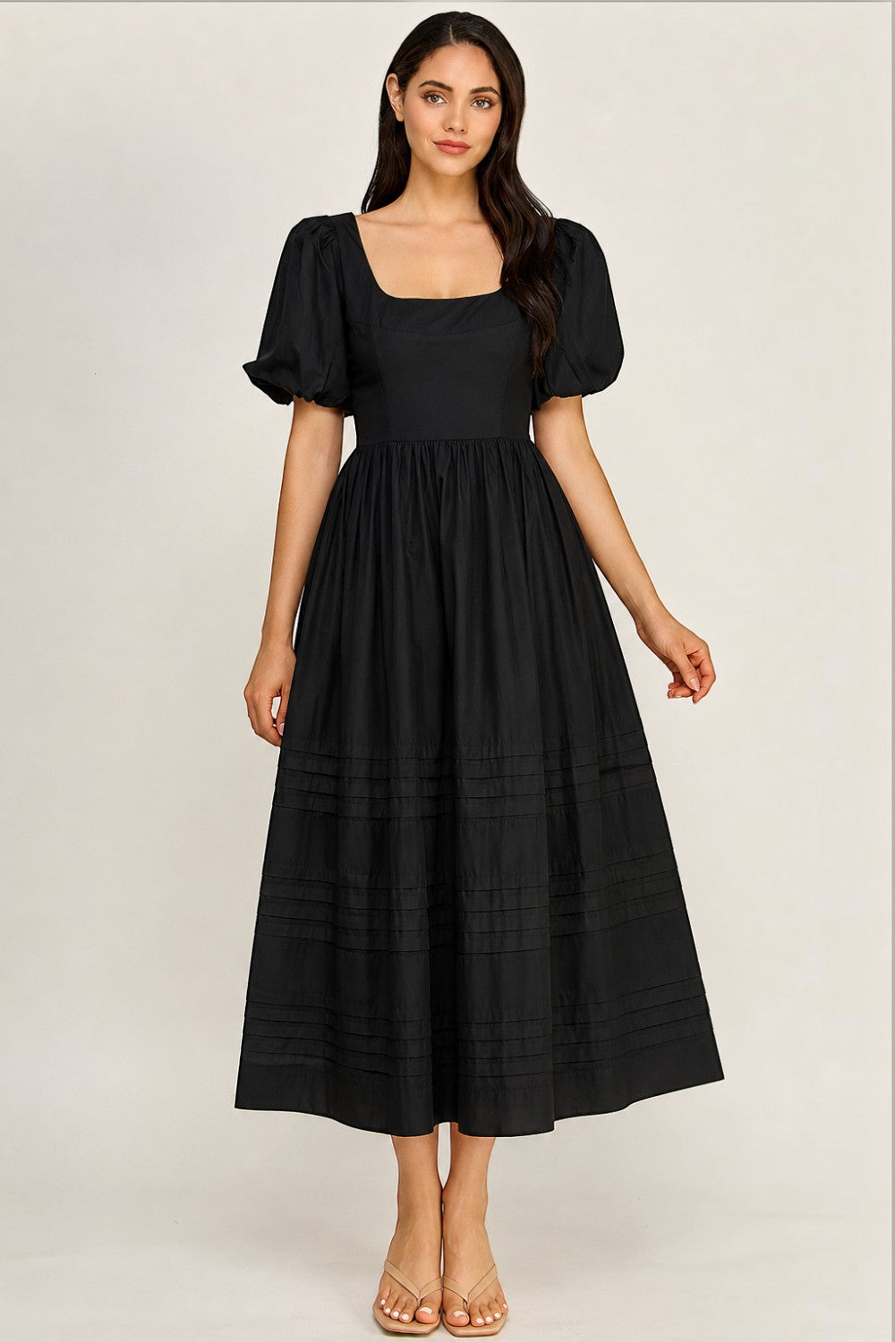Cotton Poplin Puff Sleeve Midi Dress | Square Neck Pintuck Boutique