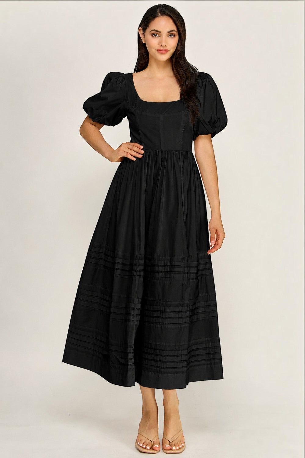 Cotton Poplin Puff Sleeve Midi Dress | Square Neck Pintuck Boutique