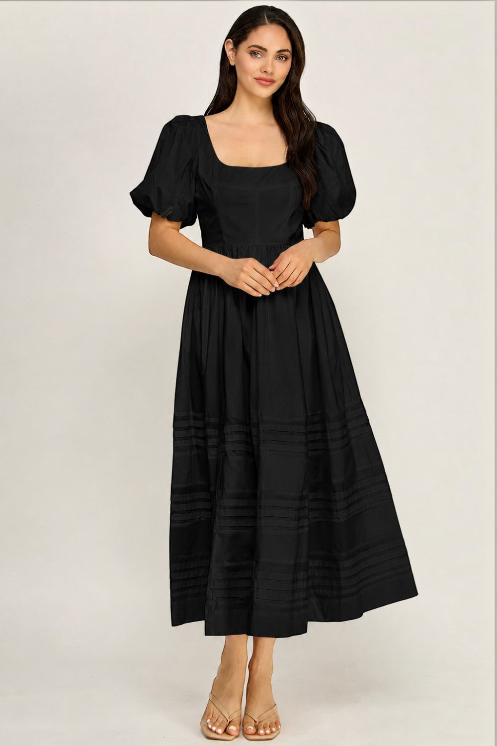 Cotton Poplin Puff Sleeve Midi Dress | Square Neck Pintuck Boutique