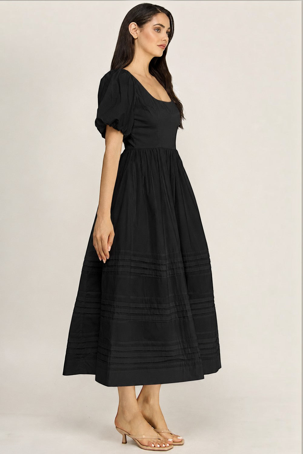 Cotton Poplin Puff Sleeve Midi Dress | Square Neck Pintuck Boutique