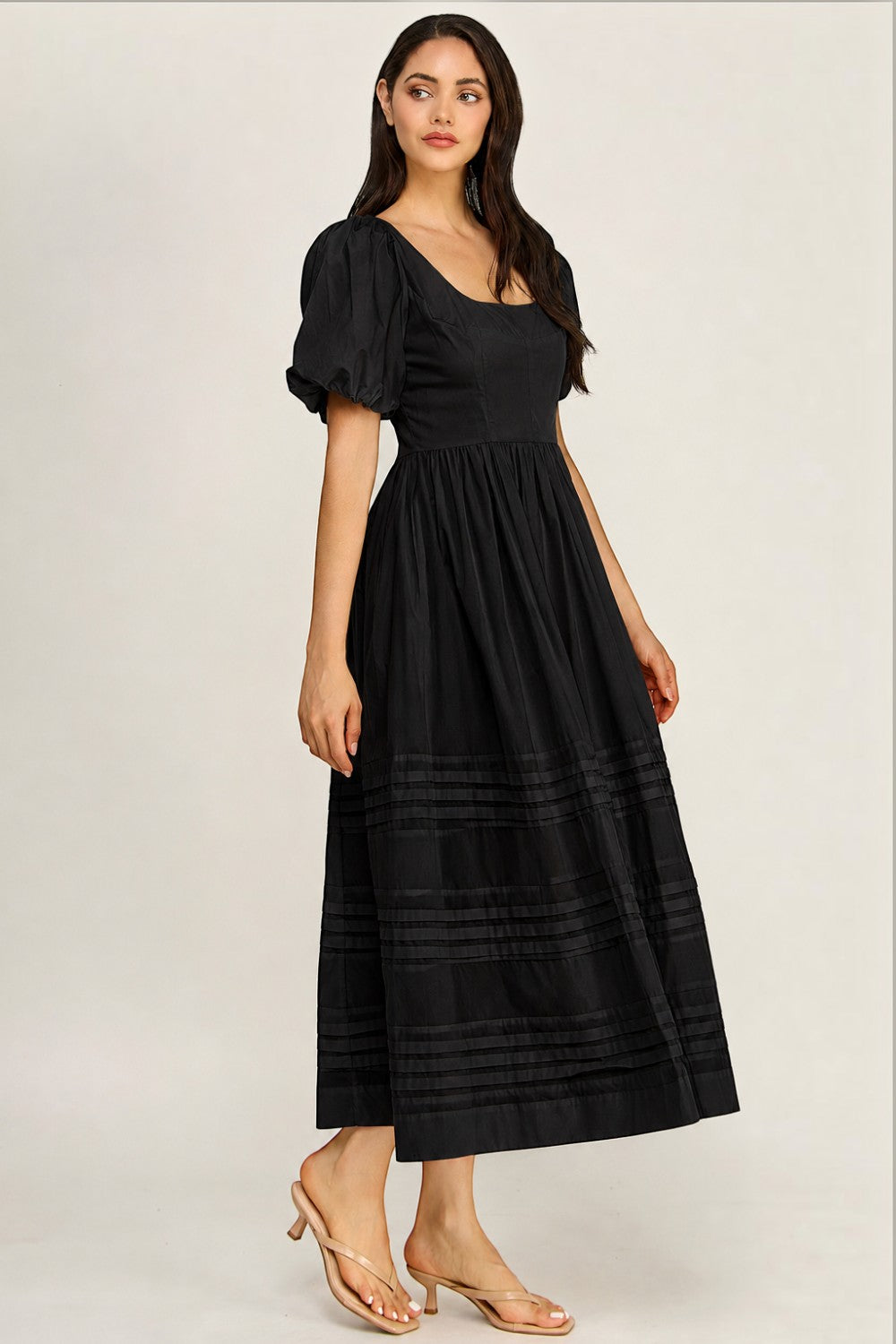 Cotton Poplin Puff Sleeve Midi Dress | Square Neck Pintuck Boutique