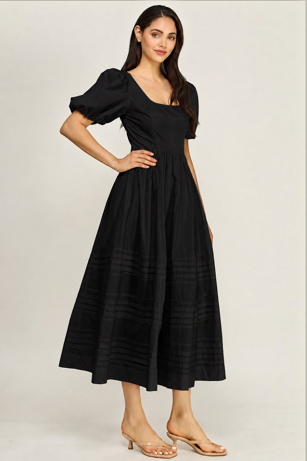 Cotton Poplin Puff Sleeve Midi Dress | Square Neck Pintuck Boutique