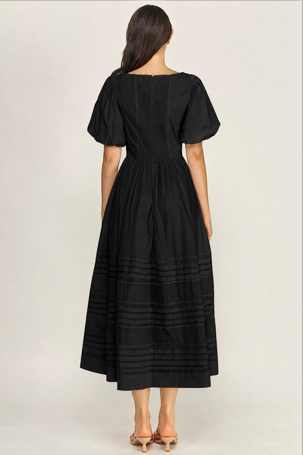 Cotton Poplin Puff Sleeve Midi Dress | Square Neck Pintuck Boutique