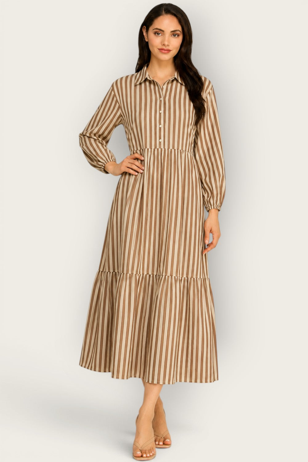Neutral Stripe Tiered Maxi Dress