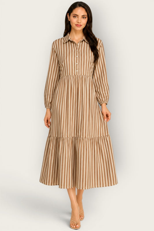 Neutral Stripe Tiered Maxi Dress