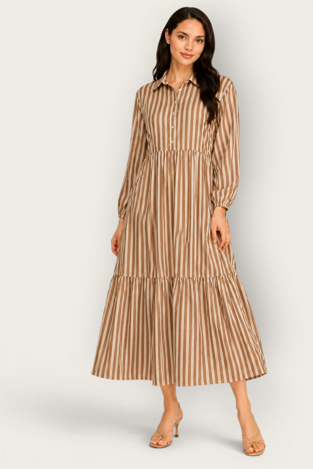 Neutral Stripe Tiered Maxi Dress