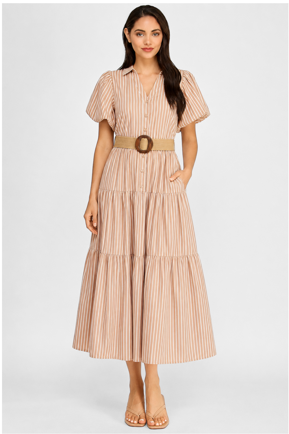 Stripe Puff Sleeve Belted Poplin Shirt Dress | Collared Tiered